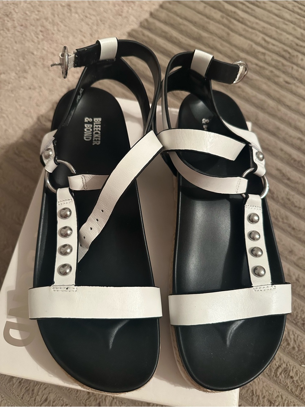 Bleecker & Bond White Studded T-Strap Women's Sandals